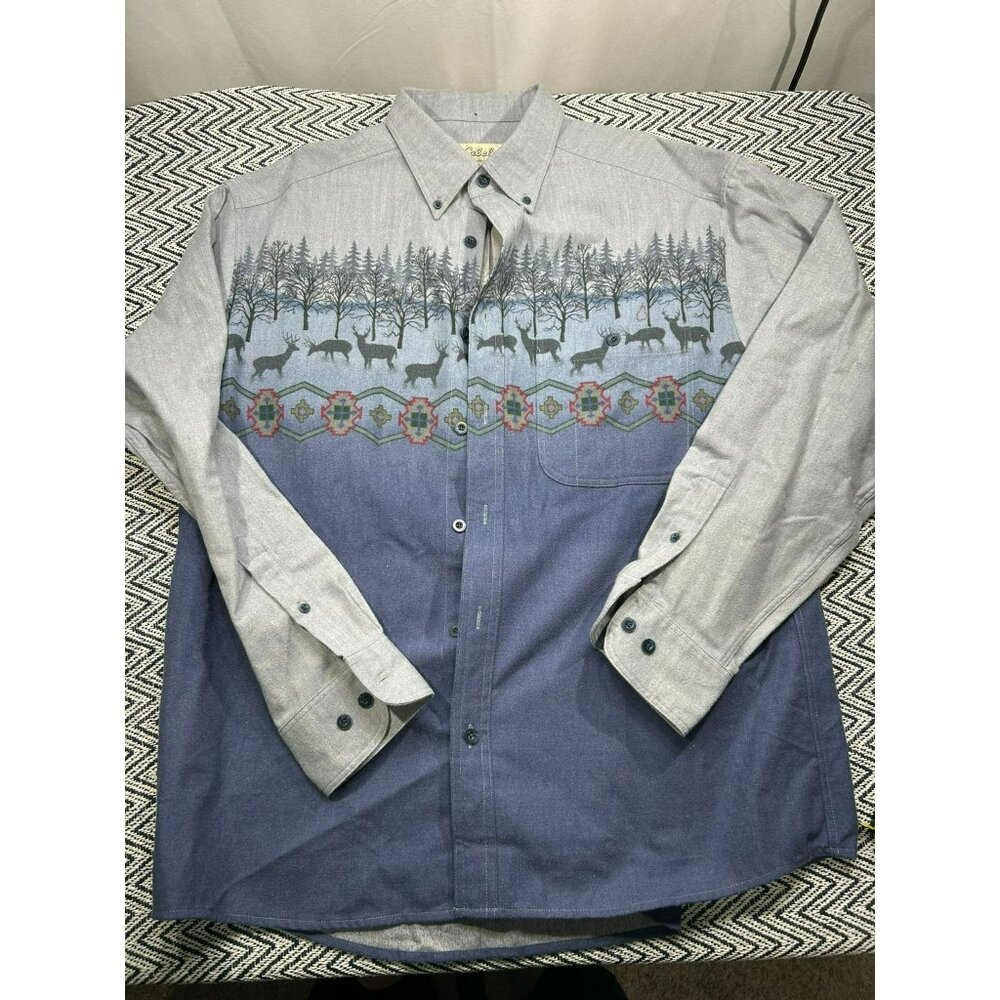 Cabelas Men's L Button-Up Shirt With Deer & Forest Print Cotton Blend Blue/Gray